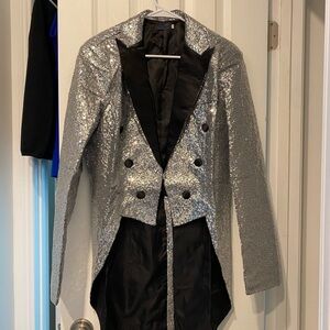 Silver and Black Sequin Blazer with Tailcoat Design